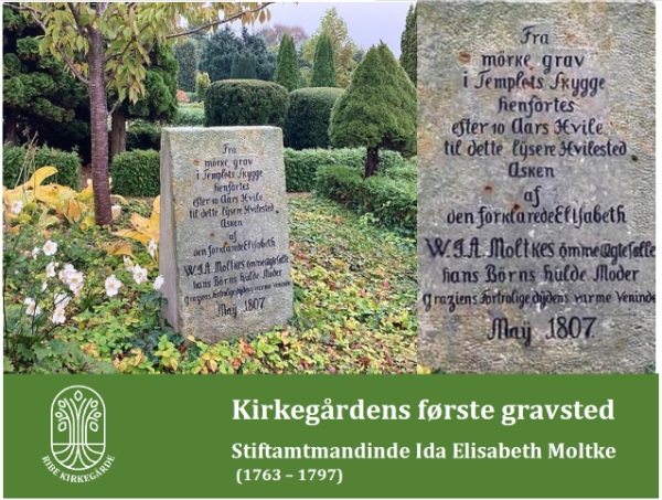 Ida Moltkes gravsten og inskription - Ribe Gammel Kirkegårds første gravsted